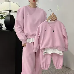 Childrens autumn parent-child hoodie pink embroidery trend for girls casual pullover round neck two-piece clothes set CSD2401174-6