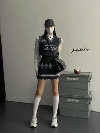 Suits LUNATICASYLM Gothic Y2K Traf Harajuku Winter Clothes Stitch Jersey Knit Sweater Vest Top And Mini Skirt Set
