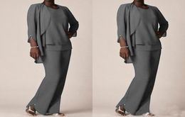 Grey Chiffon Formal Pant Suits For Mother Groom Dresses Evening Wear Long Mother of the Bride Dresses With Jackets Plus Size Custo5249949