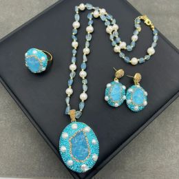 High-end Luxury Rhinestone Inlaid Freshwater Pearl Necklace Natural Marine Blue Colour Original Stone Set Women's Jewellery