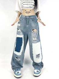 American Patch Ripped Baggy Jean Retro Hip Hop Contrasting Colour High Waist Straight Jeans Fashion Casual Wide Leg Pants 240116