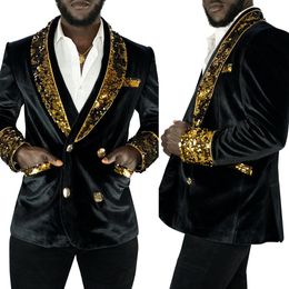 Gold Beads Groom Wedding Tuxedos Velvet Shawl Lapel Double Breasted Mens Party Birthday Formal Wear 2 Pieces Pants Suits