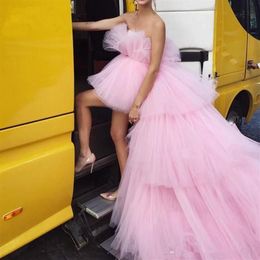2020 Fashion Pink Tiered High Low Tutu Prom Dresses Off The Shoulder Puffy Long Prom Gowns Chic Tulle Prom Gown187B