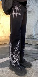 Gothic Punk Graphic Print High Waist Baggy Jeans Mens Womens Y2k Streetwear Black Straight Casual Denim Trousers Harajuku 240116
