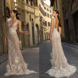 Simple Mermaid Evening Dresses V Neck Prom Gowns Feather Sleeveless See Through Backless Formal Party Dresses Custom Made