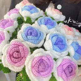 Crochet Woven Flowers Valentines day Braided Bouquet Hand-Knitted Flower Woven Sunflower Artificial Rose Wrapping Paper Handmade 240117