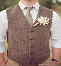 Sell Country Farm Wedding Brown Wool Herringbone Tweed Vests Groom Vest Slim Fit Mens Suit Vest Prom Wedding Waistcoat Plus6067603