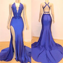 Navy Blue Mermaid Long Prom Dresses V Neck Applique Sequins Split Evening Gowns Criss Cross Backless Formal Party Dress BC1153255Q