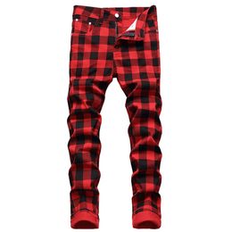 Men Red Plaid Printed Pants Fashion Slim Stretch Jeans Trendy Plus Size Straight Trousers 240117