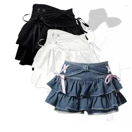 Skirts Blue Denim Pleated Skirt Bow Fold Design Women's A-line Short Built In Shorts American Spicy Girl Korean Fashion Sweet