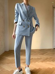 Women's Two Piece Pants Korea Fashion Women Blazer Pantsuit Casual Solid Elegant Blaser Jackets Straight 2 Pieces Female Vintage Trousers