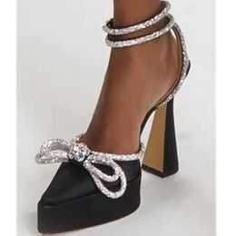 Women Pointed Toe Rhinestone Crystal Bowknot Ankle Strap Ladies Prom Footwear Sexy Platform Sandals High Thin Heels Ankle Buckle 240116