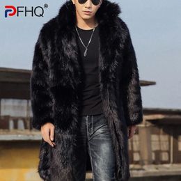 PFHQ Vinter Men's Long Fox Hair Coat Fashion Handsome Trendy Casual Imitation Päls Tjockade Windbreaker kläder 21Q4434 240116