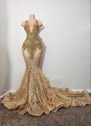 Sparkly Gold Champagne African Evening Pageant Dresses for Women Diamond Crystal Prom Queen Gown vestidos de gala mujer