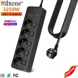 Power Cable Plug 3250W Power Strip Overload Protection With 5 Socket 5 Switch4 USB Ports Fast Charger Multiprise Network Filter Individual Switch YQ240117