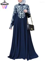 Casual Dresses In Women Elegant Muslim Abaya Islamic Stand Up Collar Long-Sleeved Flower Print Large Swing Full Kaftan Robe Skirts