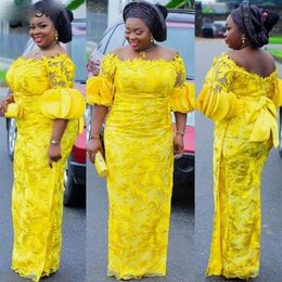 2021 Aso Ebi Style Prom Dress Long Yellow Lace Evening Dresses African Half Sleeve vestidos de fiesta Nigerian Women Gown242L