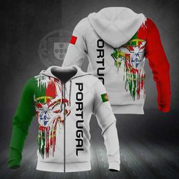 Customise Portugal Emblem Skull Pattern Zipper Hoodies Loose Unisex Oversize Sweatshirts Winter Casual Streetwear Tops Pullover