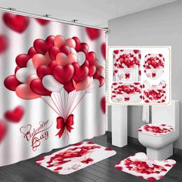 Shower Curtains Happy Valentines Day Shower Curtain Set Bathroom Curtain Set Rose Petal Love Bath Sets Toilet Cover Mat Non-Slip Washroom Rug