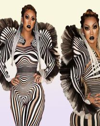 Fashion Zebra Pattern Jumpsuit Women Singer Sexy Stage Outfit Bar DS Dance Cosplay Bodysuit Performance Show Costume 2203223053728