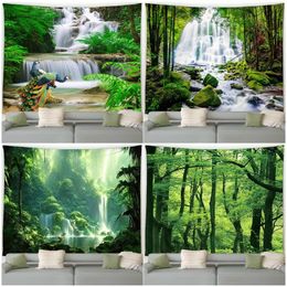 Forest Landscape Tapestry Green Peacocks Flowers Tropical Plants Waterfall Scenery Garden Wall Hanging Home Living Room Decor 240117