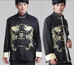 Hot Sale Chinese Traditional Men's Satin Embroidered Golden Dragon Jacket Long Sleeve Tang Suit Kung Fu Coat Casual Top Jackets