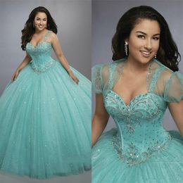 Mint Tulle Quinceanera Dresses with Bolero and Sweetheart Neckline 2020 Cheap vestidos de anos Princess Aqua Prom Dresses Tulle Cu307i