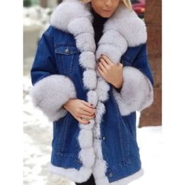 Women Faux Fur Lined Denim Jacket Coat Thick Fluffy Furry Collar Winter Warm Outwear 240116