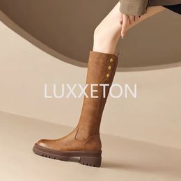 Meotina Brand Design Women Genuine Leather Knee High Boots Riding Boots Ladies Platform Thick Heel Autumn Winter Shoes Beige 240116