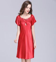 Summer Sleep Dress Faux Silk Satin Robe Women Lace Nightgown Sleepwear Night Dress Plus Size Sleepshirt Chemise De Nuit SY026075312158