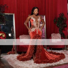Sexy Plus Size Prom For Black Girls 2024 With Feathers Scoop Slit Beading Party Gowns African Women Gala Met Dress