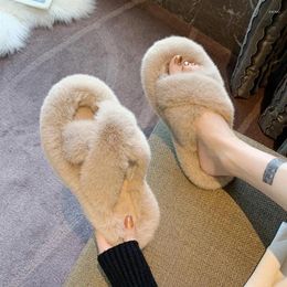 Slippers 2024 Fashion Design One Word Plush Ladies Flat Shoes Sandals Winter Warm Cotton With Open Toe