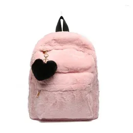 School Bags Cute Solid Faux Fur Backpack Heart Pendant Winter Soft Women's Big Plush Pink Black White Rucksack Mochila