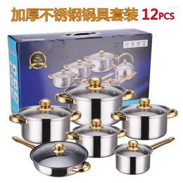 Cookware Sets Stainless Steel Kettle Set Non-stick Pot 12-Piece Gold-Plated Handle Kitchen Wholesale