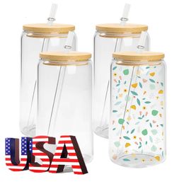 USA Warehouse 16oz Sublimation Glass Heat Press Can Shape Mason Bubble Water Bottle With Bamboo Lid And Straw 240117