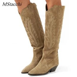 MStacchi Women's High Boots Nude Black Suede Embroidered Knee High Boots Women Sexy Pointed Toe Spike Kitten Heels Knight Boots 240116