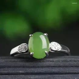 Cluster Rings Hetian Jade Ring Jewelry Accessories Nephrite Amulet Luxury Women Charms Natural Amulets Adjustable Green 925 Silver