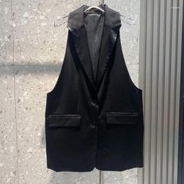 Women's Vests Women Vintage Black Blazer Vest Summer Runway V-Neck Single Breasted Pockets Classic Sleeveless Long Jacket Fashion Solid Tops