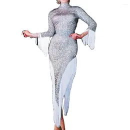 Stage Wear Silver Full Rhinestones Tassel Asymmetrical Dresses High Split Fork Dress Long Sleeve Ladies Dance Costume Party For Women