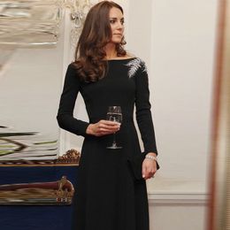 Kate Princess Runway Spring Autumn Women's New Designer High Quality Casual Party Slim Fit Celebrity Elegant Beading Gorgeous Chic Vintage Diamond Black Dress