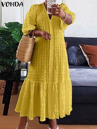 Plus Size 5XL VONDA Women Shirt Dress 2023 Summer Sexy V Neck Buttons Half Sleeve Long Maxi Vestidos Bohemian Elegant Party Robe 240116