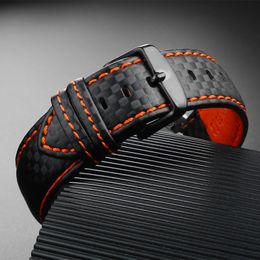 Carbon Fibre Pattern Leather Watch Strap Mens Accessories 18mm 20mm 21mm 22mm 23mm 24mm wristband Orange Red Watchband Bracelet 240116