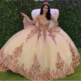 Rose Gold Sparkly Quinceanera Prom Dresses 2020 Modern Sweetheart Lace Applique Sequins Ball Gown Tulle Vintage Evening Party Swee271B