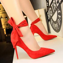 Dress Shoes Fashion Pumps For Women Office Solid 10.5cm High Heels Flock Pointed Toe Bow Woman Party Shoe Sexy Female Club