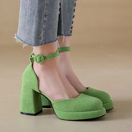 Green High Heels Pumps Women Autumn Ankle Straps Chunky Platform Mary Jane Shoes Woman Corduroy Thick Heeled Party Shoes 240116