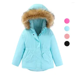 Jackets 4-7T Kids Girls Coat Winter Warm Fur Collar Cotton Padded For Velvet Hooded Long Children Outerwear Clothes