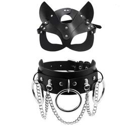 sexy Toys for Couples Pu Leather Mask Women Cosplay Cat Bdsm Fetish Halloween Black Masks with sexyy Necklace Erotic Accessories5637127