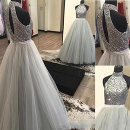 2019 Silver Grey Ball Gown Prom Dresses High-Neck Fully Beaded Bodice Tulle Skirt Sexy Open Back Floor Length Prom Party Gowns for286I