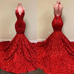 Sexy Backless Red Evening Dresses Halter Deep V Neck Lace Appliques Mermaid Prom Dress Rose Ruffles Special Occasion Party Gowns296h