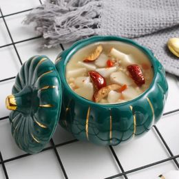 Bowls Ceramic Pumpkin Bowl With Lid Creative Soup Cup Steamed Egg Bird's Nest Small Stew Kitchen Fruit Dessert Salad